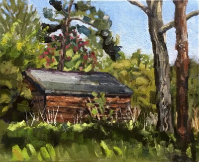 An oil painting of a garden shed surrounded by greenery and trees in Sweffling, Suffolk.