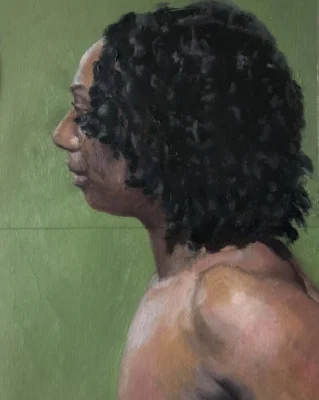 oil painting portrait of black female life model, head and shoulders, profile, green background, shoulder-length black hair